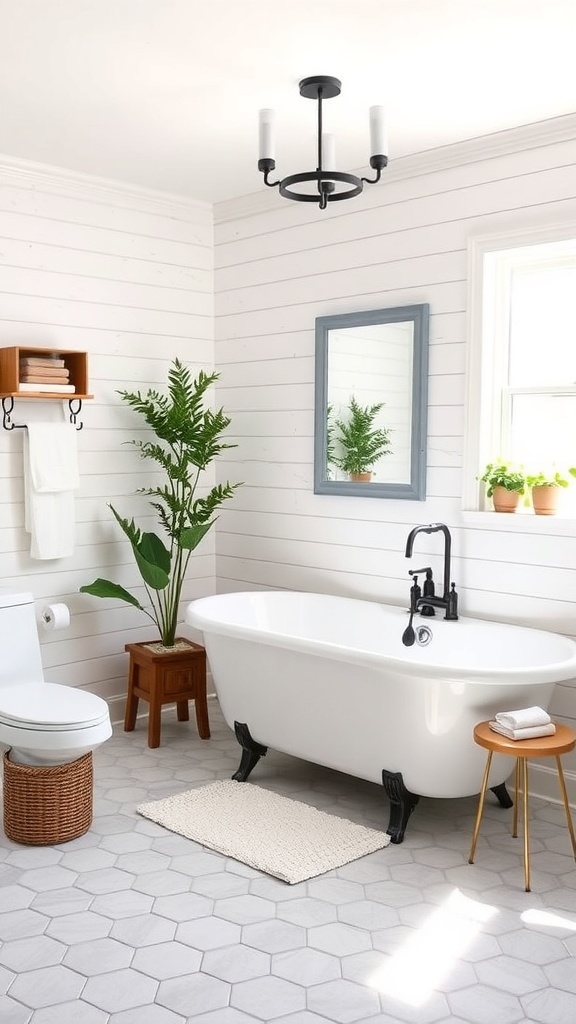 A stylish urban farmhouse bathroom featuring a freestanding tub, black fixtures, and shiplap walls.