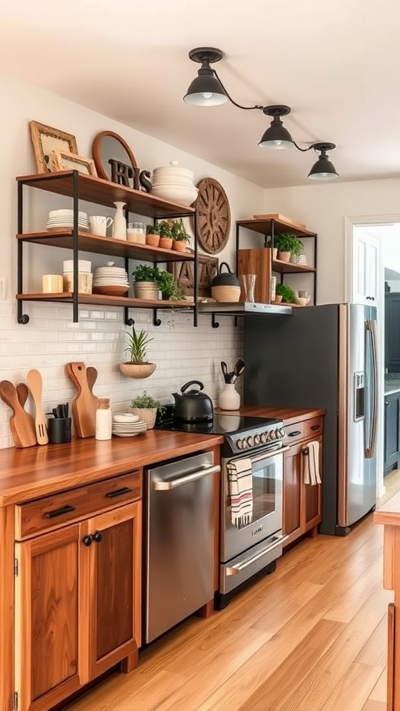 A cozy kitchen featuring wooden cabinets, open shelves with various kitchenware, and a warm color palette.