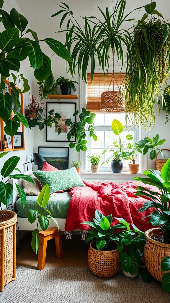 A cozy bedroom filled with various indoor plants, showcasing an urban jungle theme.