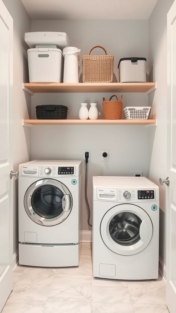 A small laundry room with a washer and dryer, featuring shelves above for storage.