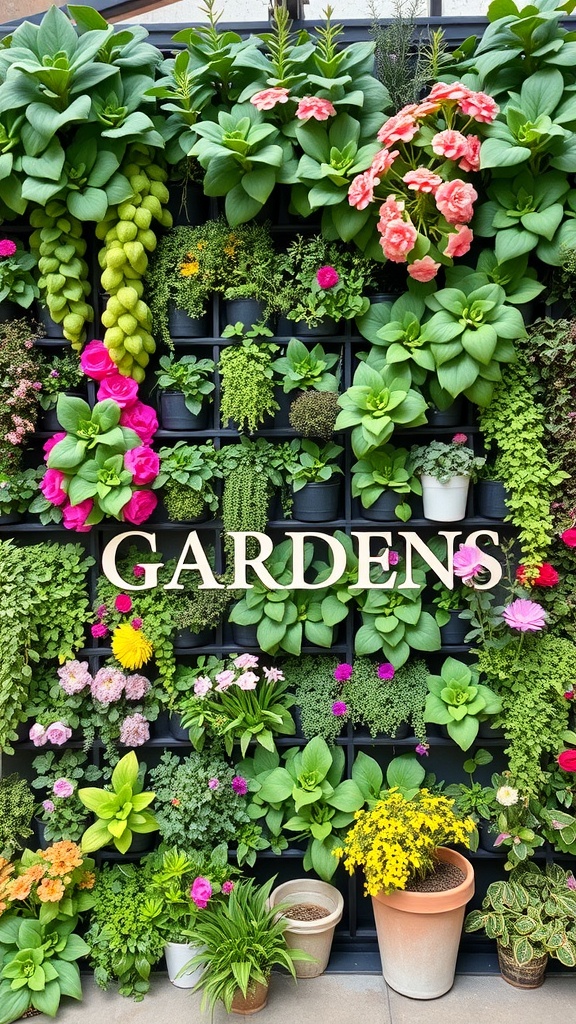 A vibrant vertical garden wall filled with various plants and flowers.