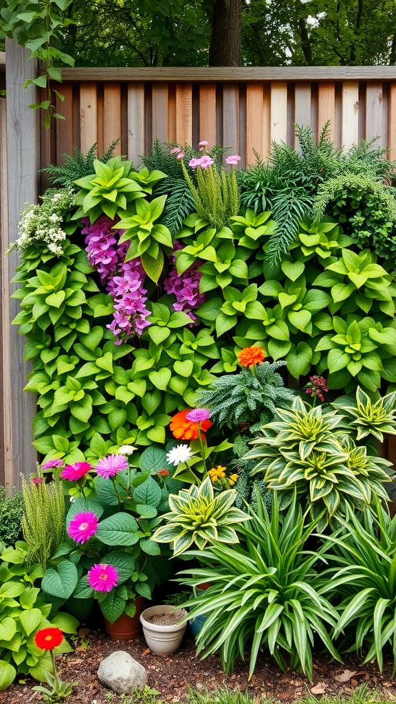 A vibrant vertical garden wall with various plants and flowers.