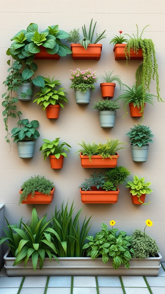 A vertical garden with various plants in pots arranged on a wall.
