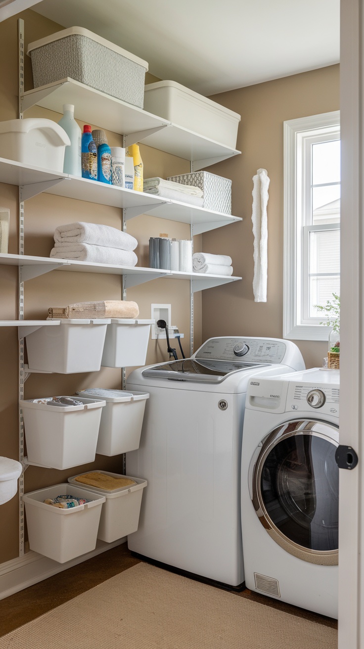 A small laundry room with shelves holding baskets and towels.