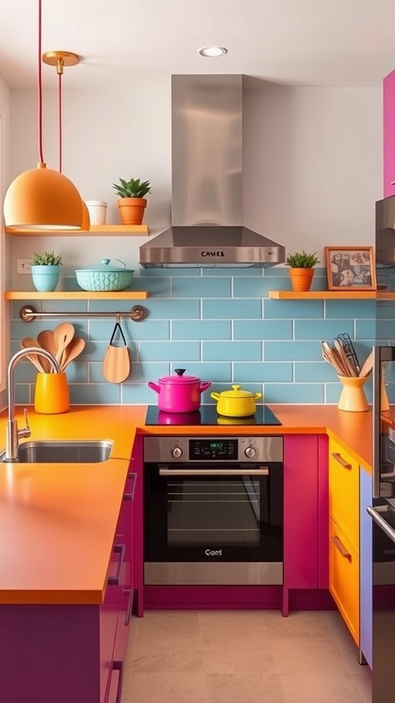 A colorful kitchen featuring turquoise, yellow, and pink solid surface countertops.