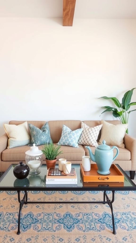 A cozy living room with a vintage coffee table, decorative pillows, and a teapot.