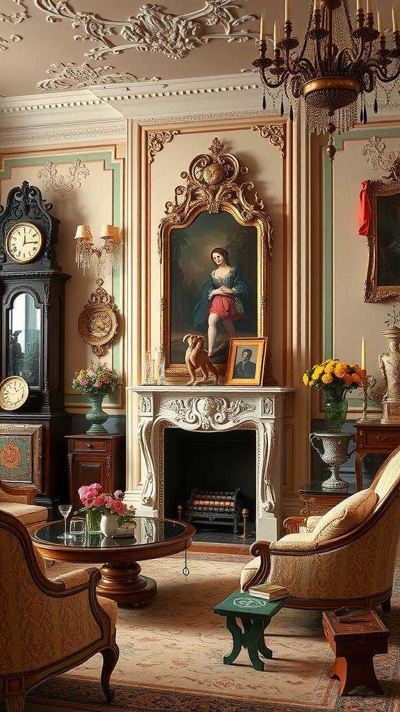 A vintage Rococo living room featuring ornate furniture, a chandelier, and classic artwork.