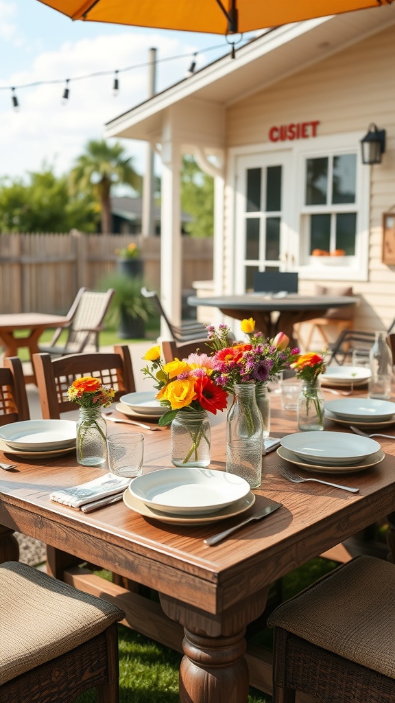 A beautifully arranged outdoor table setting with fresh flowers in mason jars, simple plates, and glassware.