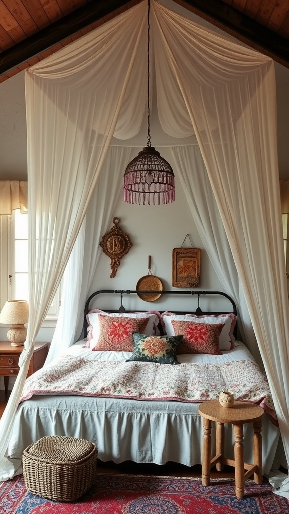 A vintage boho chic bedroom featuring a soft canopy, cozy bedding, and charming decor.