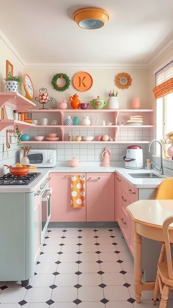 A vintage chic kitchen featuring pink walls, mint green appliances, and colorful dishware on open shelves.