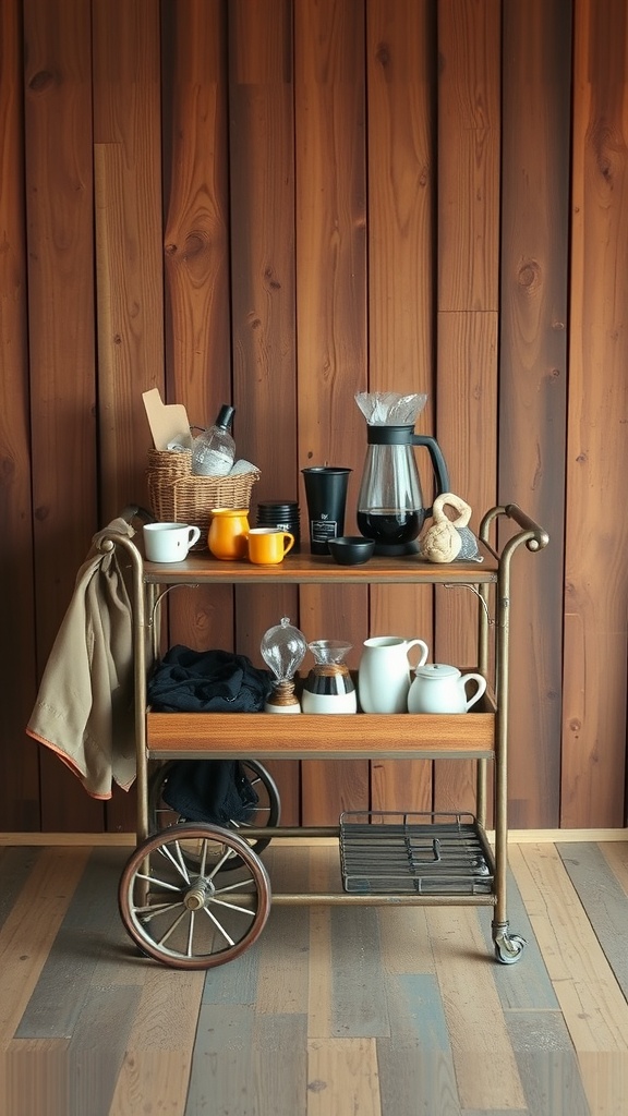 A vintage coffee cart with various coffee-making items and mugs against a wooden wall.