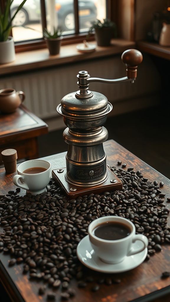 A vintage coffee grinder displayed on a wooden table with coffee beans and cups.