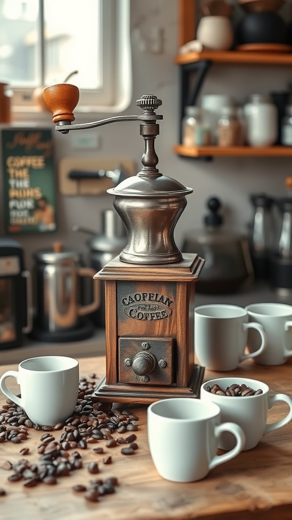 A vintage coffee grinder displayed on a wooden table with coffee beans and white mugs.