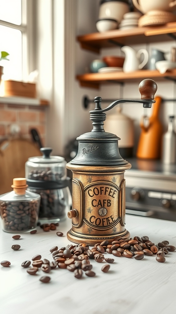 Vintage coffee grinder with coffee beans scattered around it.