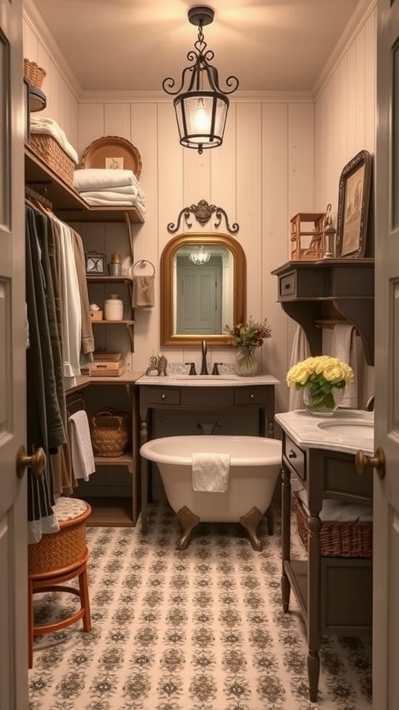 A vintage farmhouse bathroom with a cozy layout, featuring a freestanding tub, rustic storage, and classic light fixtures.