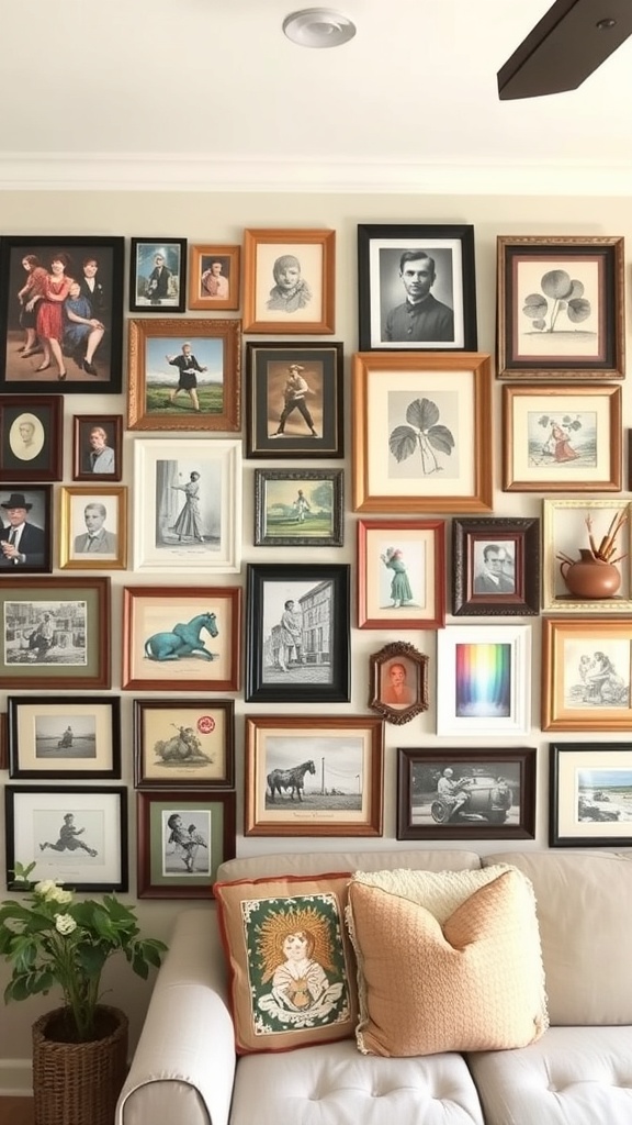 A wall filled with various framed artworks in different styles and colors.