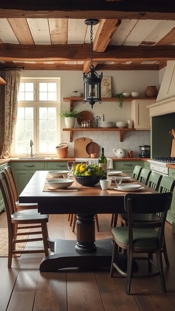 A cozy vintage English farmhouse kitchen with wooden beams, a large dining table, and soft green cabinetry.