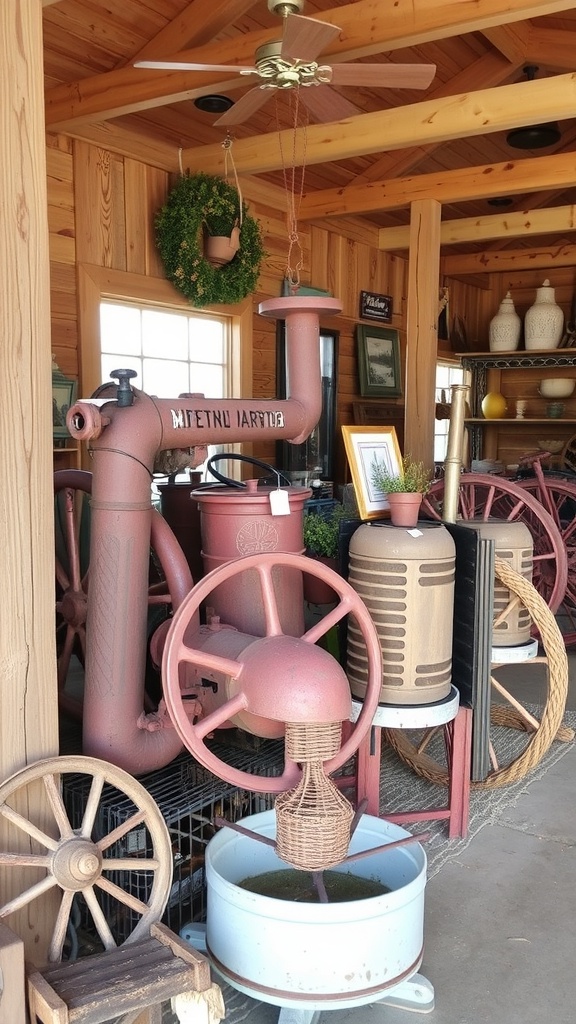 A cozy farmhouse interior featuring vintage farm equipment, including a green tractor and rustic decor.