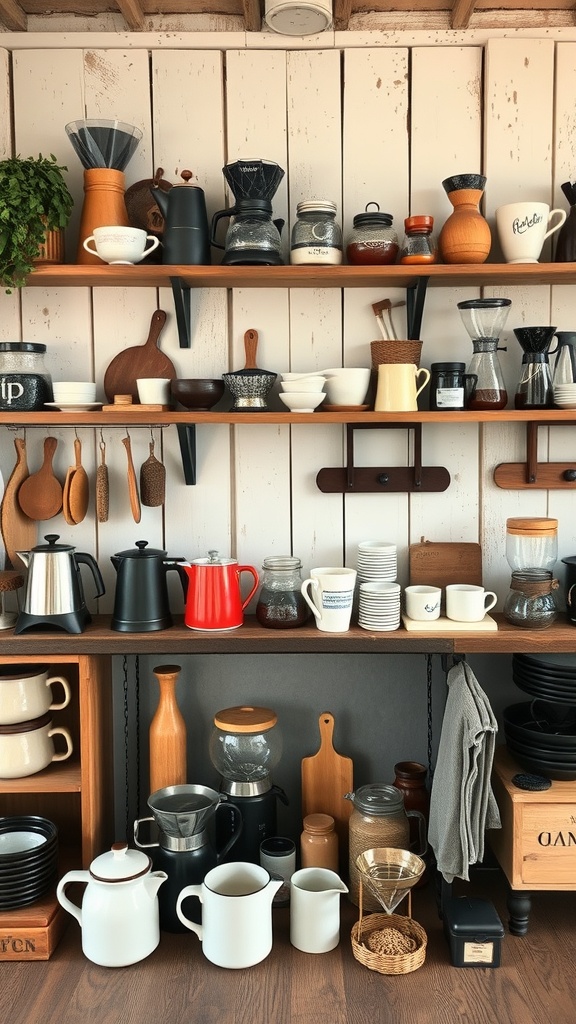A collection of vintage coffee accessories on wooden shelves in a rustic setting.