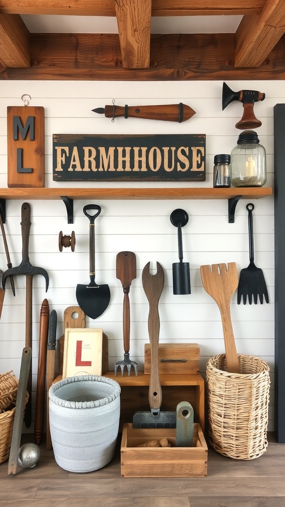 A collection of vintage farmhouse decor items including tools, baskets, and a sign.