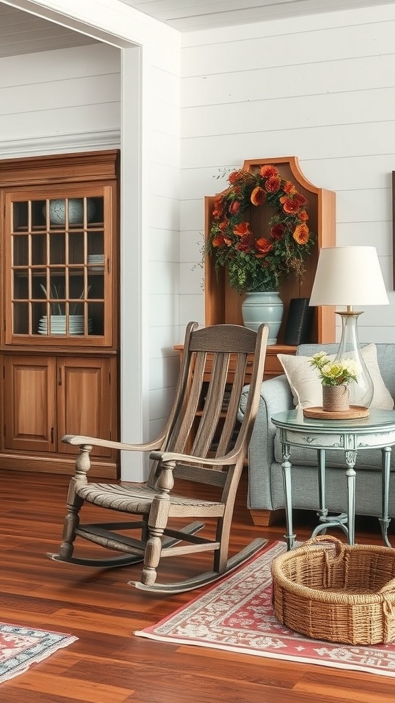 A cozy living room featuring a vintage rocking chair, rustic cabinet, and decorative elements.