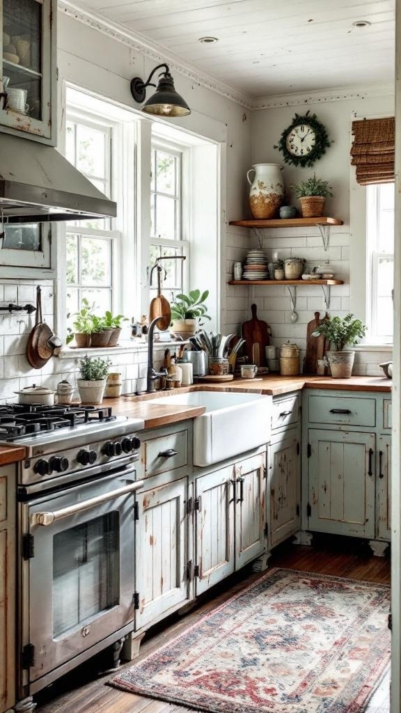 A vintage farmhouse kitchen featuring wooden beams, rustic decor, and an inviting atmosphere.