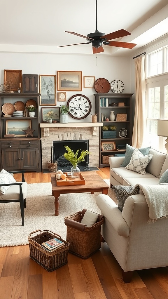A cozy contemporary farmhouse living room featuring vintage decor, including clocks and artwork.