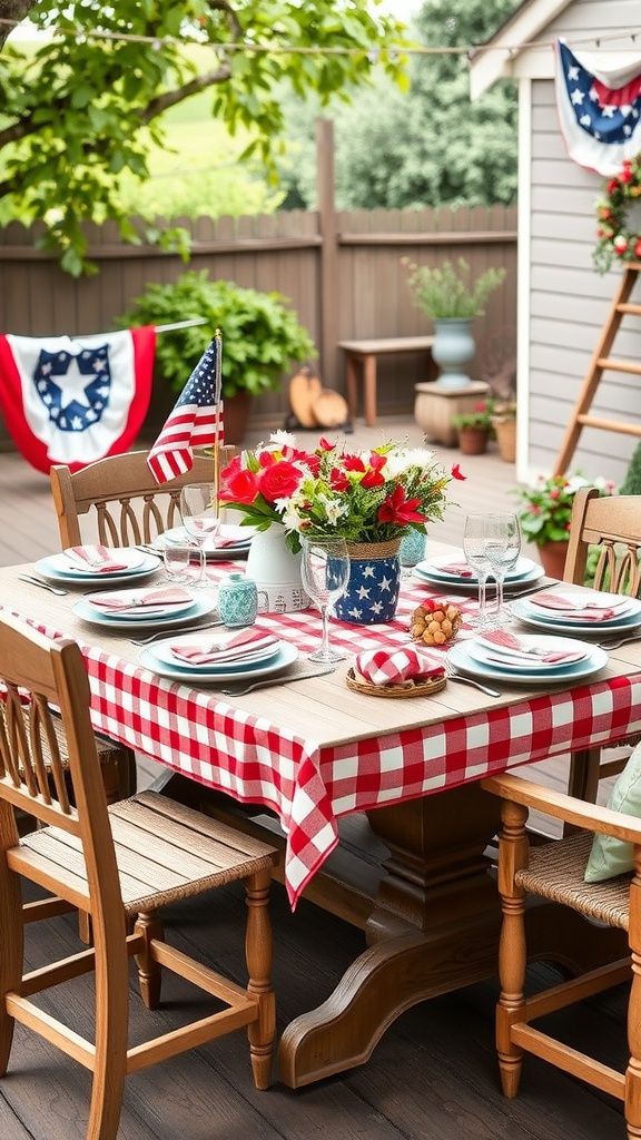 A vintage Fourth of July outdoor tablescape with a red and white checkered tablecloth, blue accents, fresh flowers, and small flags.