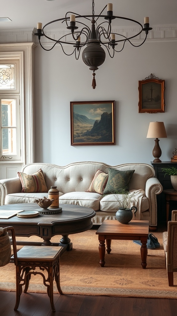 A cozy farmhouse living room featuring vintage furniture, including a soft sofa, wooden coffee table, and decorative accents.