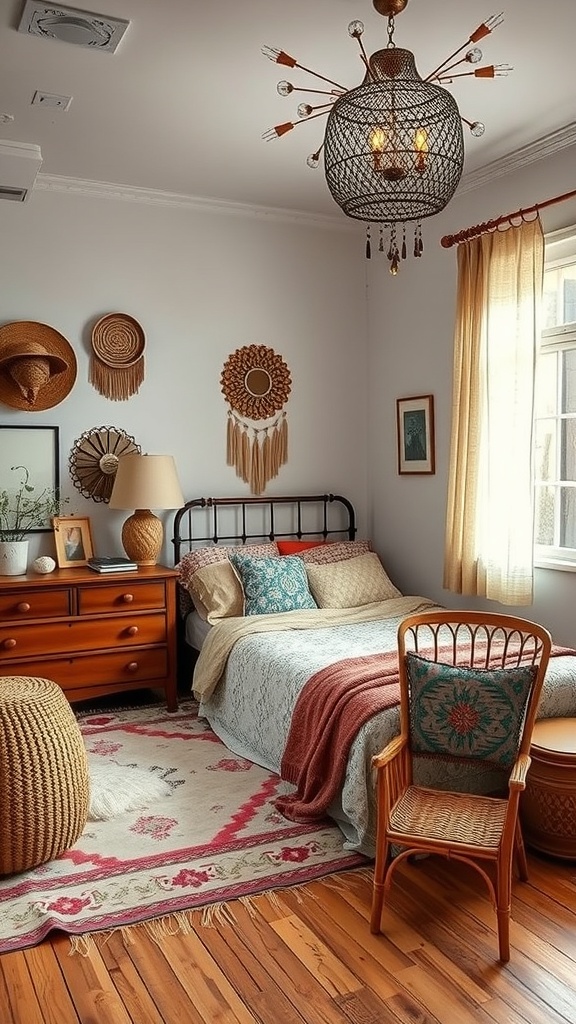 A cozy boho chic bedroom featuring vintage furniture accents, including a retro dresser and rattan chair.