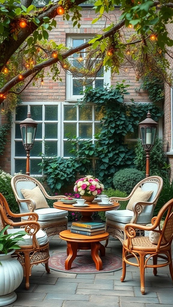 A cozy vintage garden seating area with chairs, a table, and string lights.