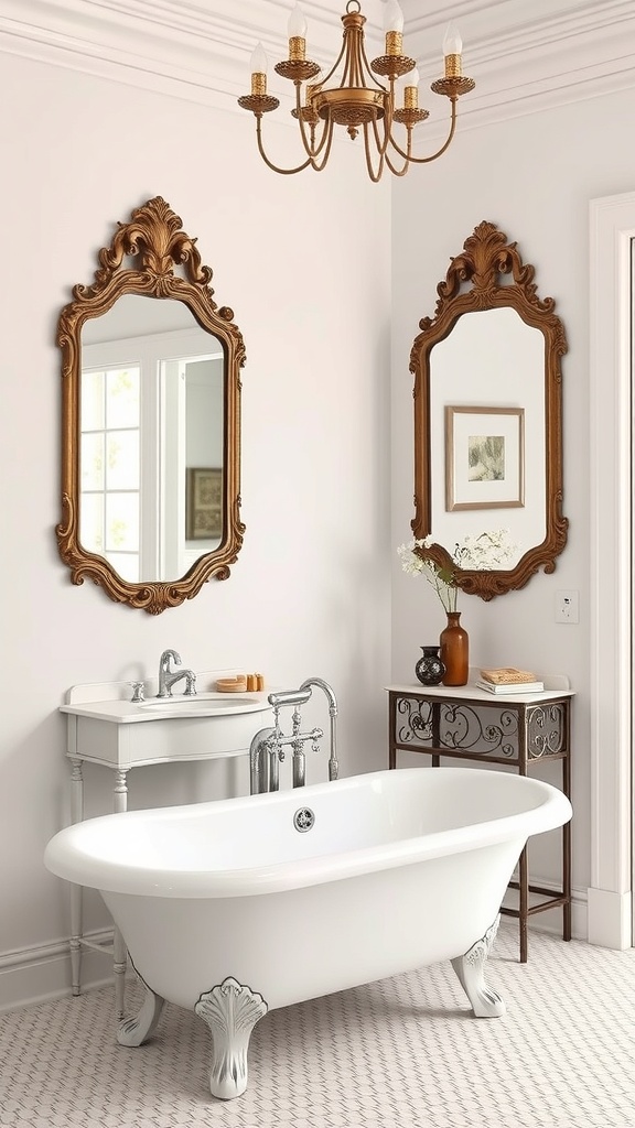 A vintage glam bathroom featuring a clawfoot tub, ornate mirrors, and a chandelier.