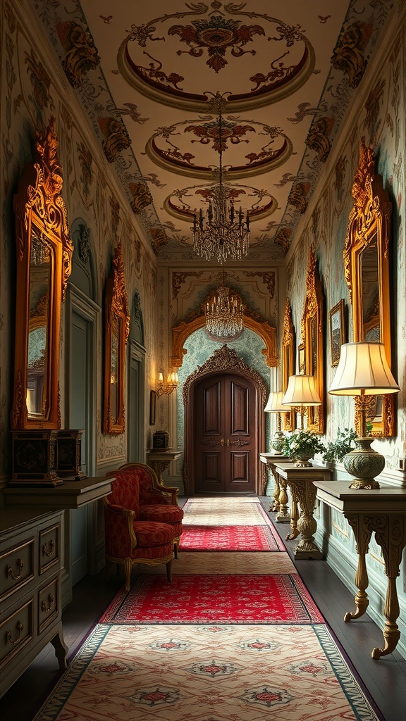 A beautifully decorated vintage hallway featuring ornate mirrors, elegant lighting, and rich carpets.