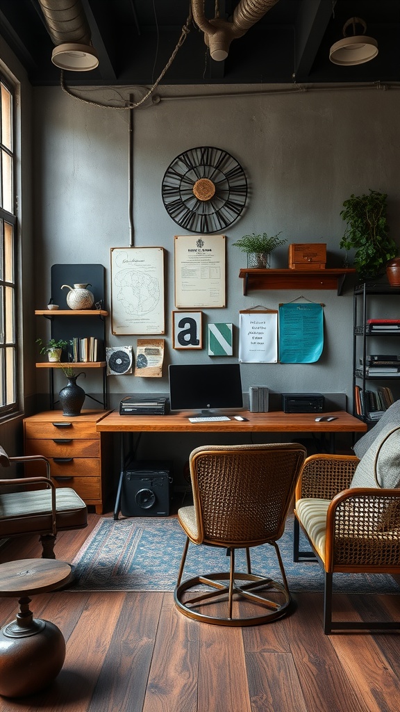 A vintage industrial workspace featuring a wooden desk, metal accents, and cozy seating.