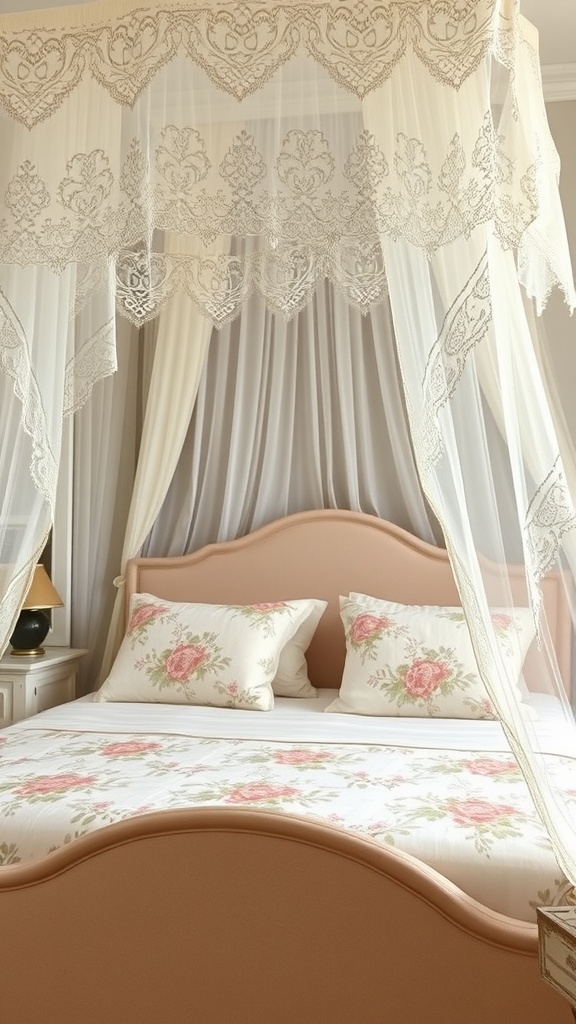 A vintage lace canopy draped over a bed with floral pillows.