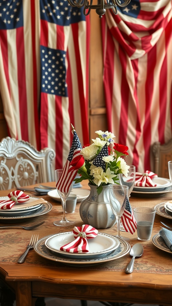 A vintage Fourth of July tablescape featuring red, white, and blue decorations, including flags and a floral centerpiece.