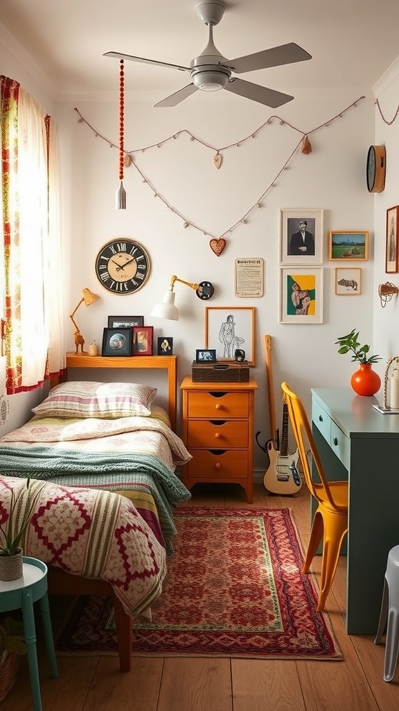 A cozy vintage-inspired bedroom with warm colors, patterned textiles, and quirky decor.