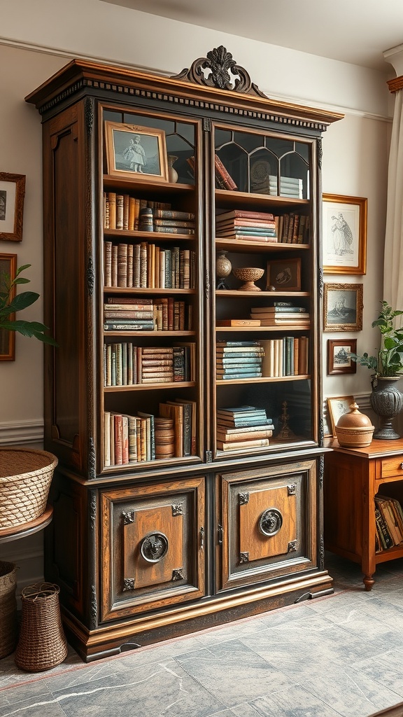 A vintage style bookcase with intricate woodwork, filled with books and decorative items.