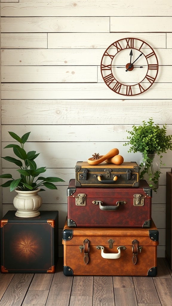 A stack of vintage suitcases used for storage in a cozy home setting.