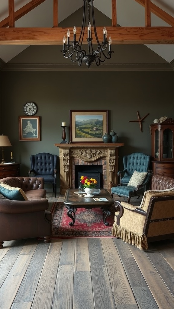 A vintage Western living room with leather furniture and a rustic coffee table.