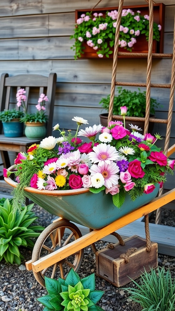 A vintage wheelbarrow filled with vibrant flowers in a garden setting.