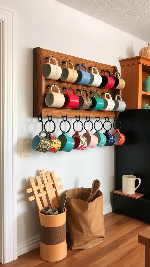 A rustic wall-mounted coffee mug rack displaying various colorful mugs.