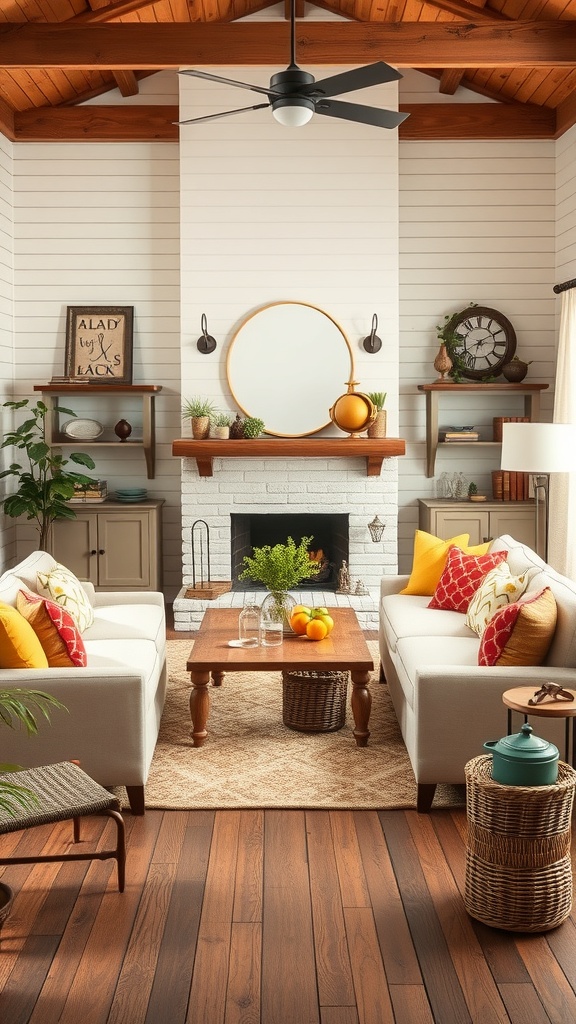 Cozy farmhouse living room with warm color accents and inviting decor.
