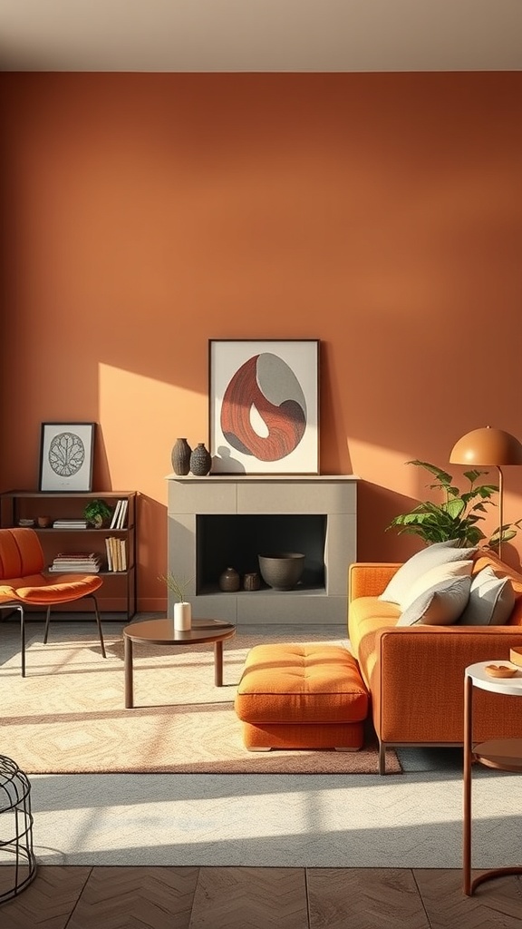 A warm living room featuring terracotta walls and orange furniture, creating an inviting atmosphere.