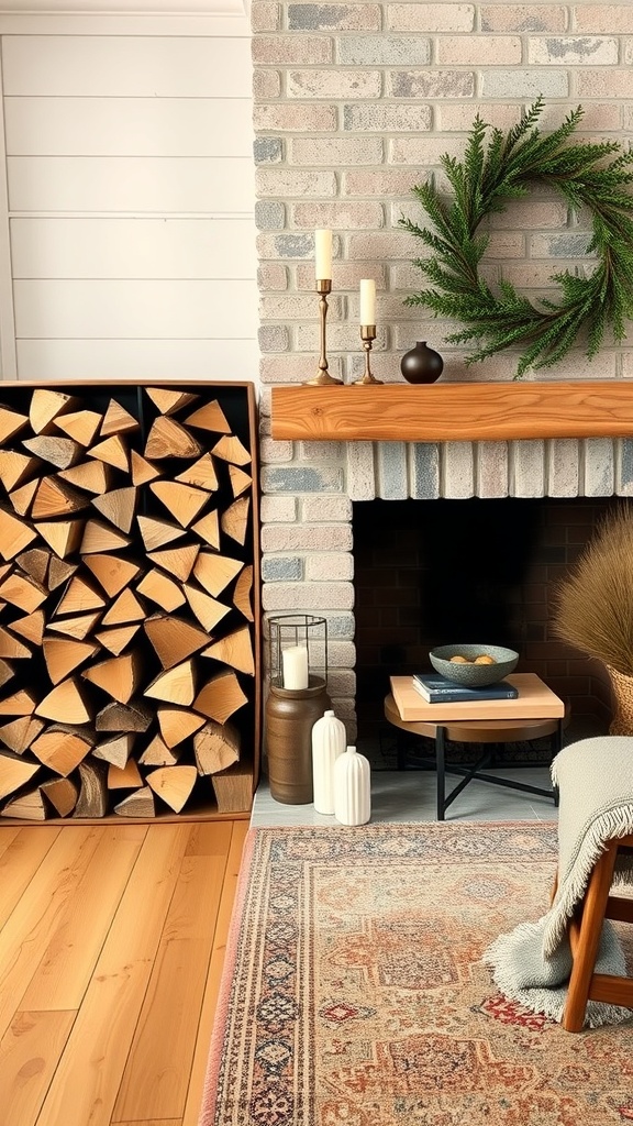 A cozy living room featuring a neatly stacked firewood display next to a fireplace.