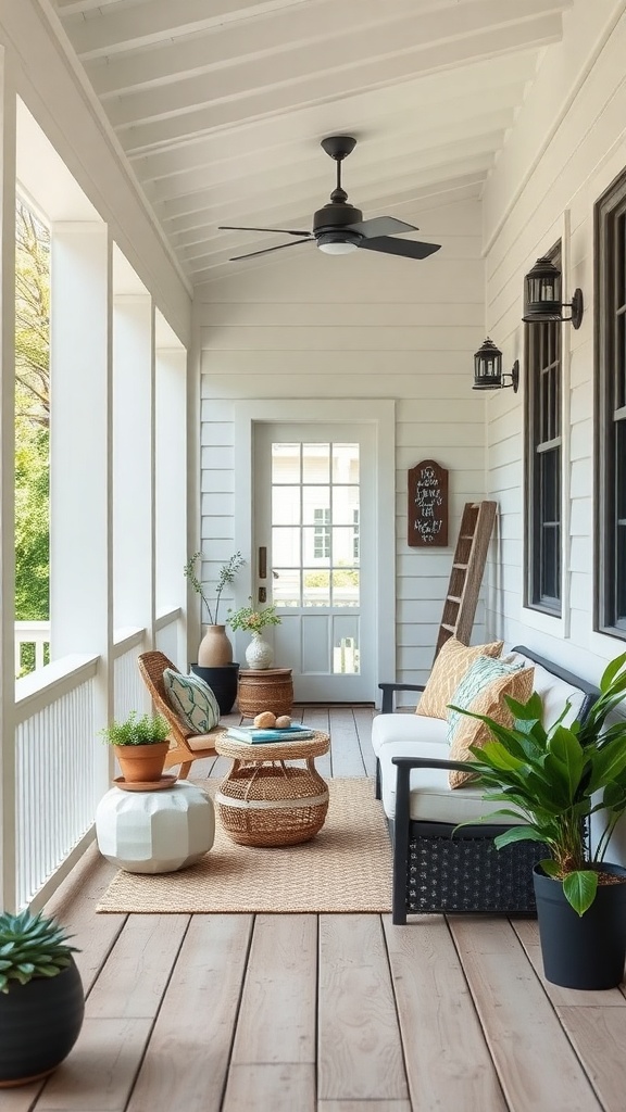 A minimal farmhouse porch with comfortable seating, plants, and natural light.