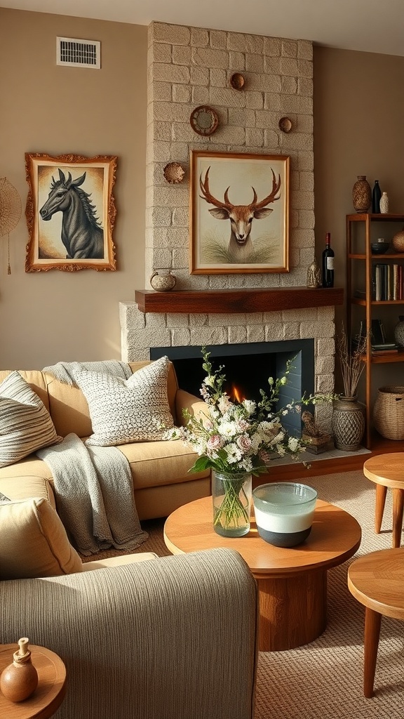 A cozy living room featuring warm earth tones with an orange sofa, neutral pillows, and a textured rug.