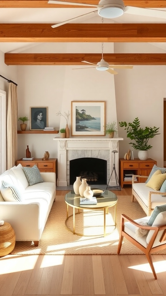 A cozy living room with warm neutral colors, featuring a fireplace, comfortable seating, and natural light.
