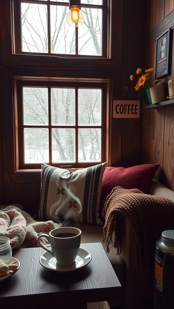 A cozy coffee nook with warm textiles, a steaming cup of coffee, and a view of nature outside.
