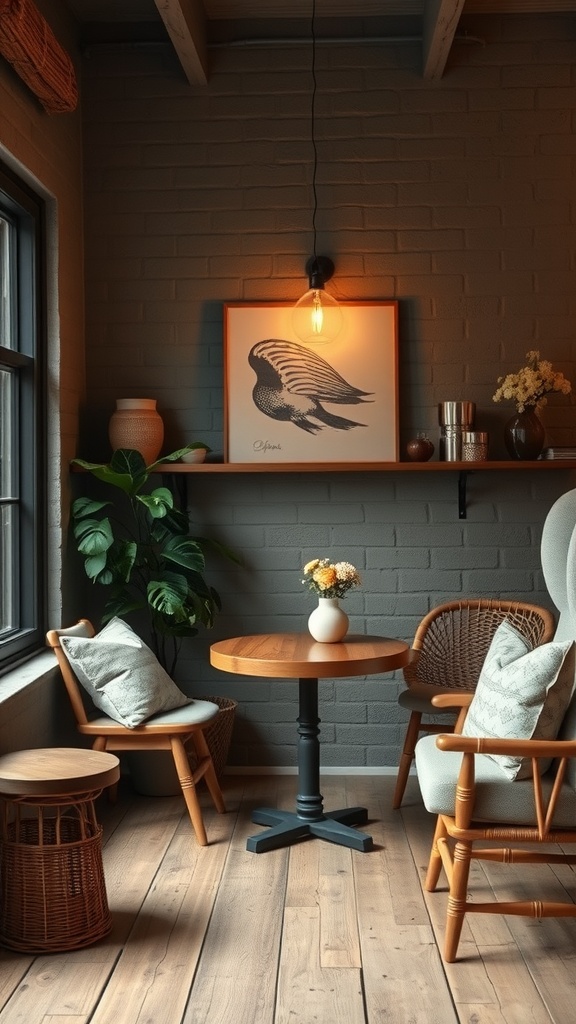 A cozy coffee nook with warm tones, featuring a small wooden table, comfortable chairs, and soft lighting.